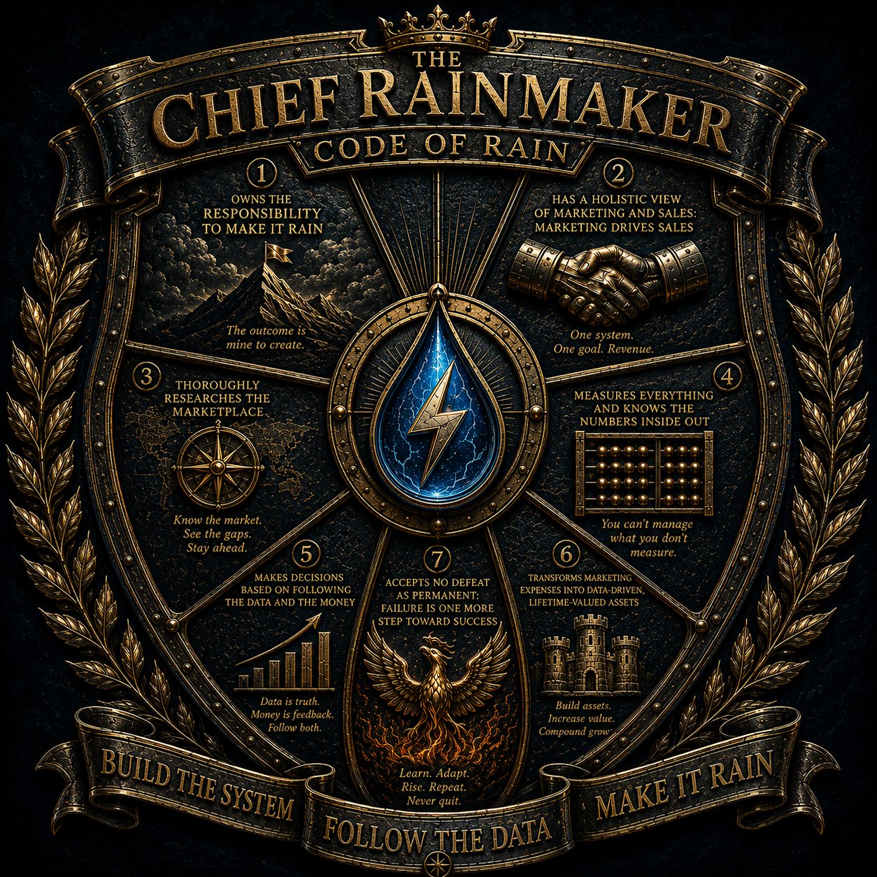 The Chief Rainmaker Code of Rain shield: seven convictions around a blue raindrop with a gold lightning bolt, framed by laurels and banners reading Build the System, Follow the Data, Make It Rain