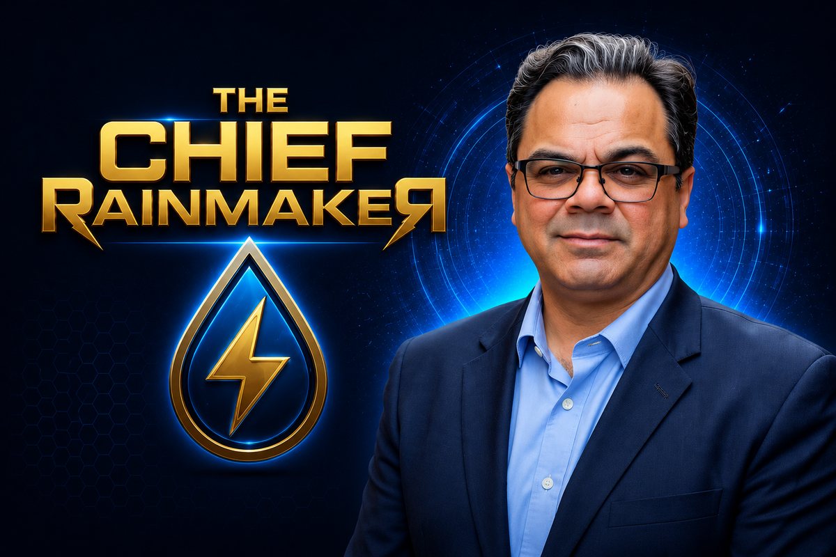 Gil Ortega, The Chief Rainmaker, beside the Chief Rainmaker raindrop-and-lightning emblem