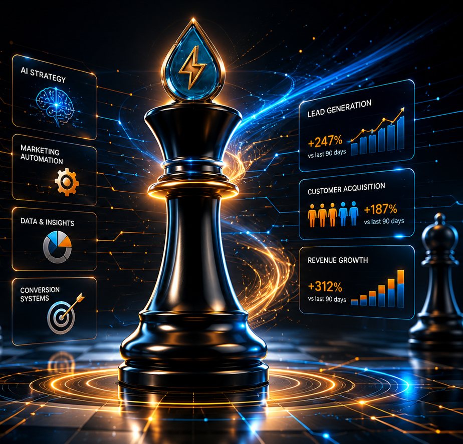 A glowing king chess piece topped with the Chief Rainmaker raindrop, surrounded by AI strategy, automation, data and growth panels