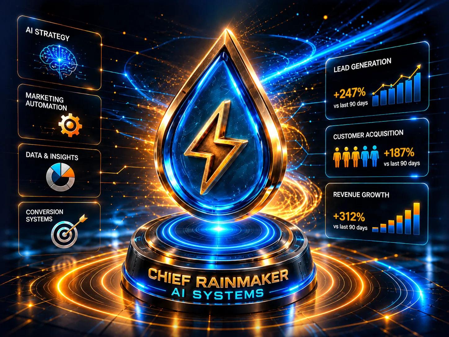 The Chief Rainmaker raindrop mark levitating above a lit pedestal, ringed by AI strategy, marketing automation, data and conversion panels