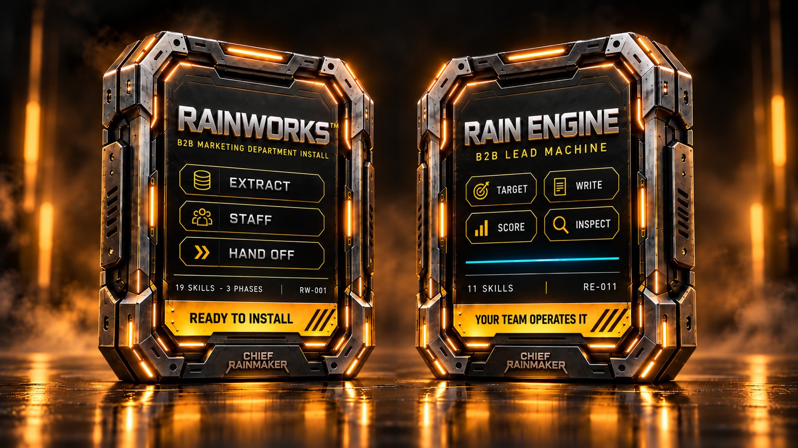Two cartridges: RainWorks, the B2B marketing department install — extract, staff, hand off, 19 skills across 3 phases. Rain Engine, the B2B lead machine — target, write, score, inspect, 11 skills.